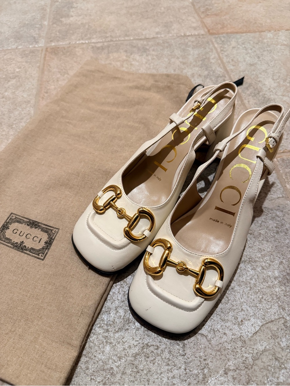 Gucci Ivory Square Toe Slingback Horsebit Leather Pumps